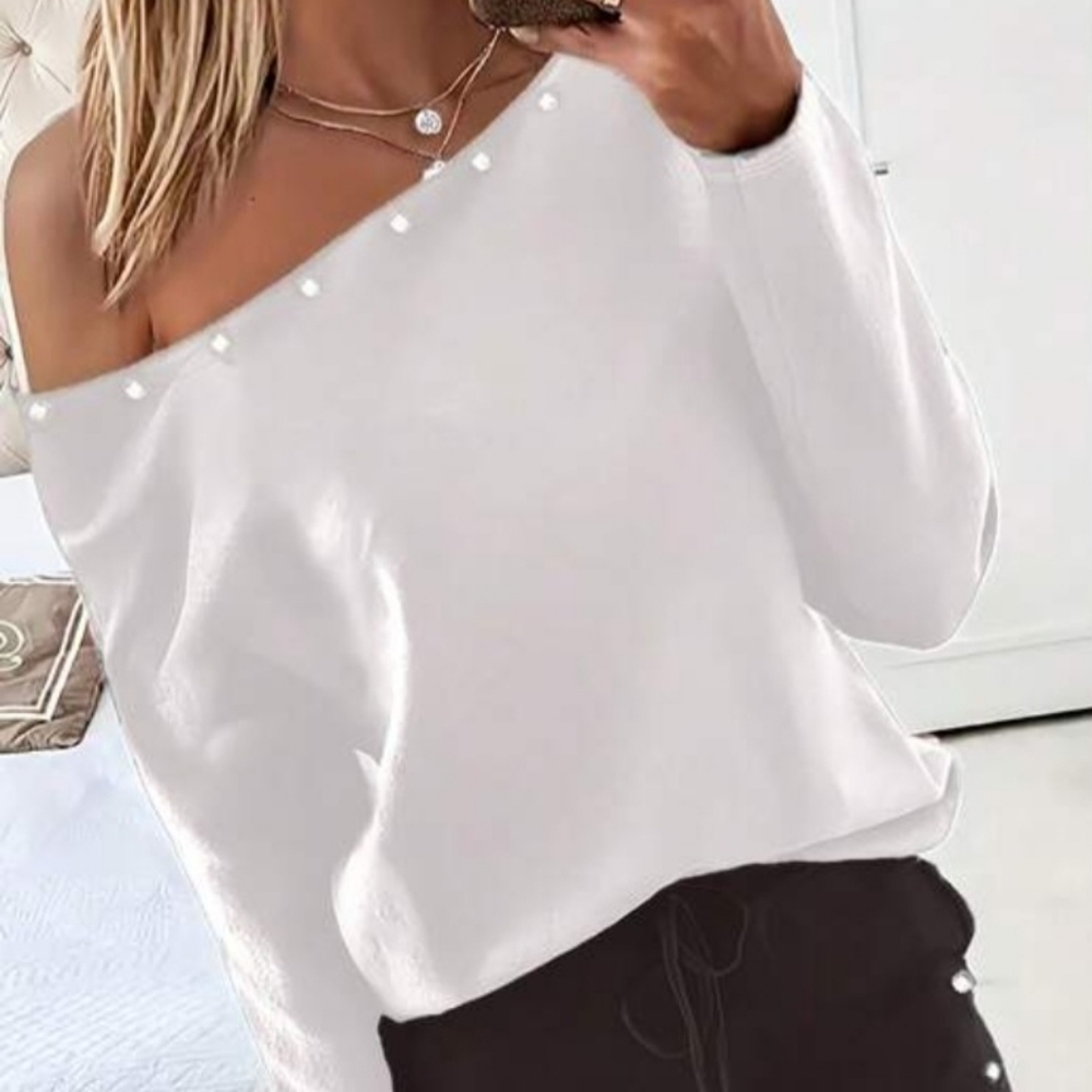 White Off-Shoulder Beaded Top and Black Pants Set - Picture 2 of 3